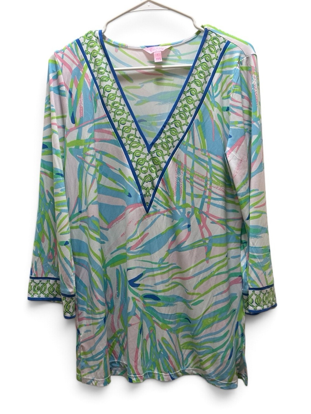 Lilly Pulitzer V-Neck Tunic Top Palm Frond Print Blue, Green, Pink Size Large